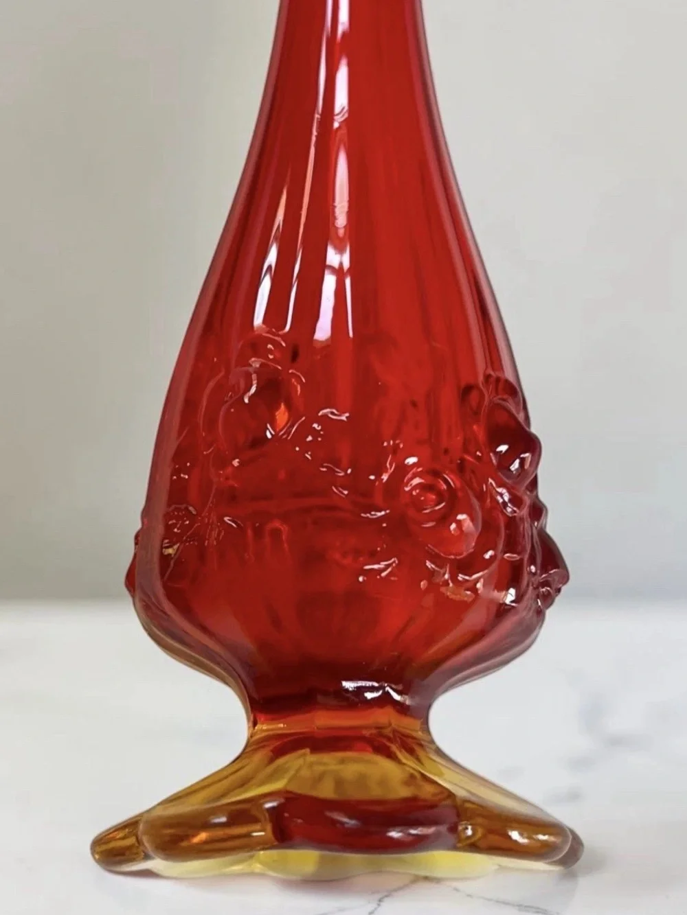 Vintage Mid Century Amberina Swung Glass Vase MCM Orange Floral